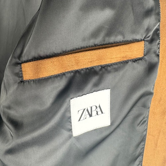 ZARA Mens Brown Faux Suede Trucker Jacket Size XL Regular Fit Classuc Pockets - Picture 9 of 14